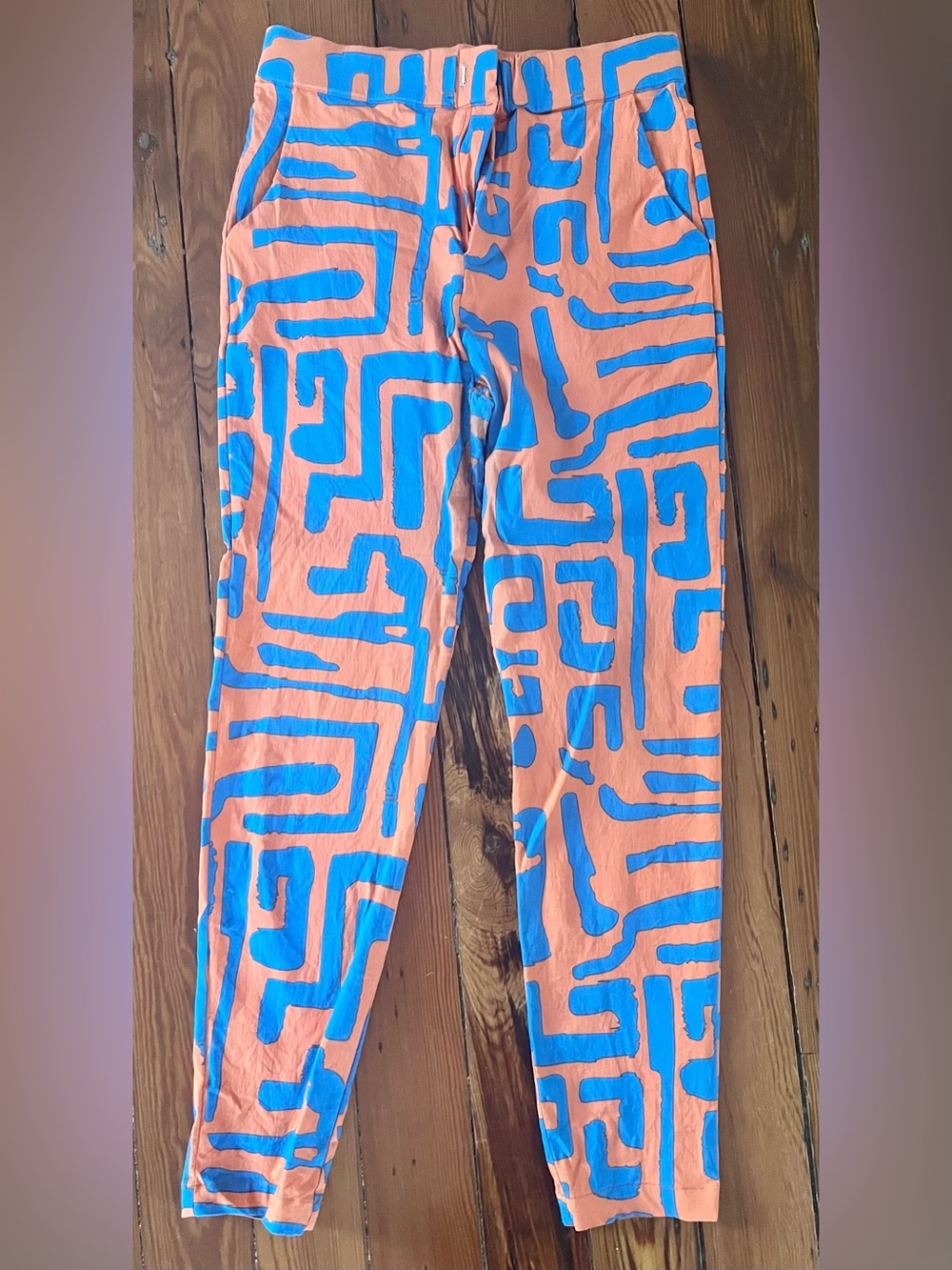 D’IYANU Talia African Print Skinny Pants Orange Blue Geometric Size M